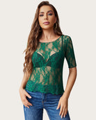 Green floral lace mesh short-sleeve top with scoop neck