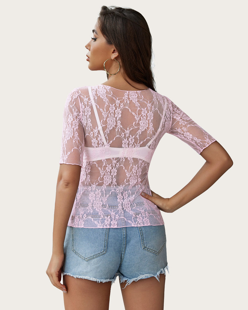 Light pink floral lace mesh short-sleeve top, back view