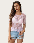 Light pink floral lace mesh short-sleeve top with scoop neck