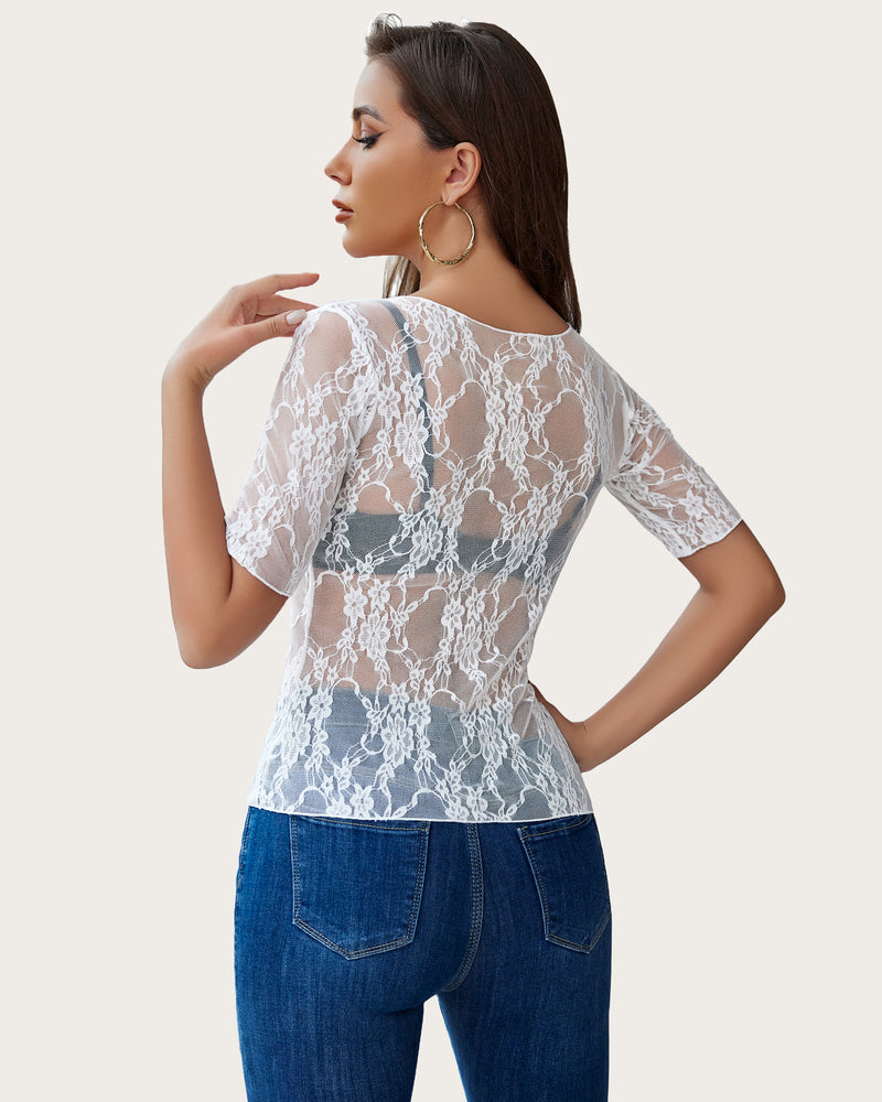White floral lace mesh short-sleeve top, back view