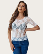 White floral lace mesh short-sleeve top with scoop neck