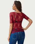 Floral lace mesh short-sleeve tee, dark red, scoop back detail