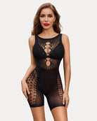 Black fishnet bodysuit romper with sparkle accents and oval chest cutouts; short legs.