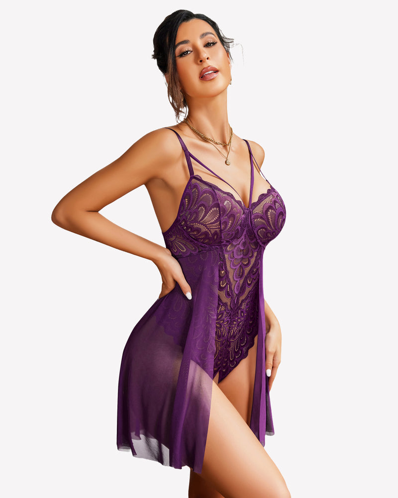 Purple lace mesh teddy with lace cups, V-neck, and draped sheer skirt hem