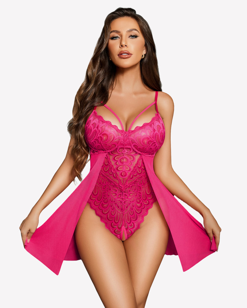 Hot pink lace mesh teddy with lace bodice, deep V-neck, and side slit panels
