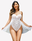 White lace bodysuit teddy with central lace detailing and flowing sheer skirt overlay