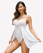 White lace bodysuit teddy with sheer mesh panels and skirt overlay, adjustable straps