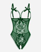 Green lace cut-out cup bodysuit with sheer mesh panels and bow shoulder straps