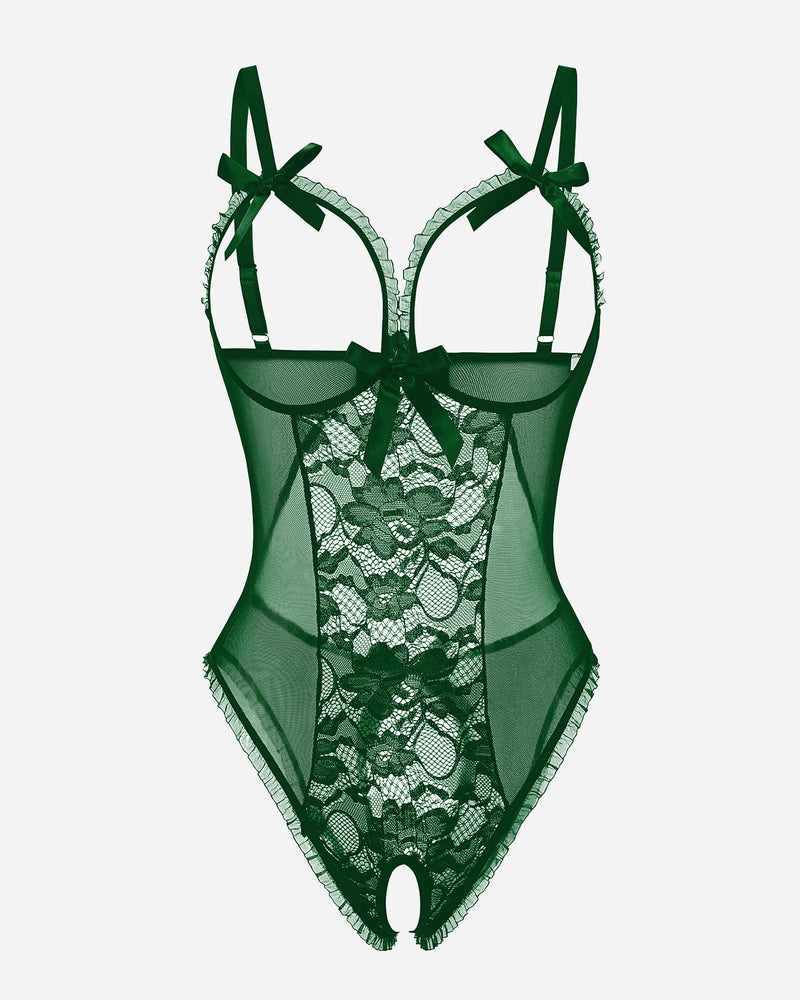 Green lace cut-out cup bodysuit with sheer mesh panels and bow shoulder straps