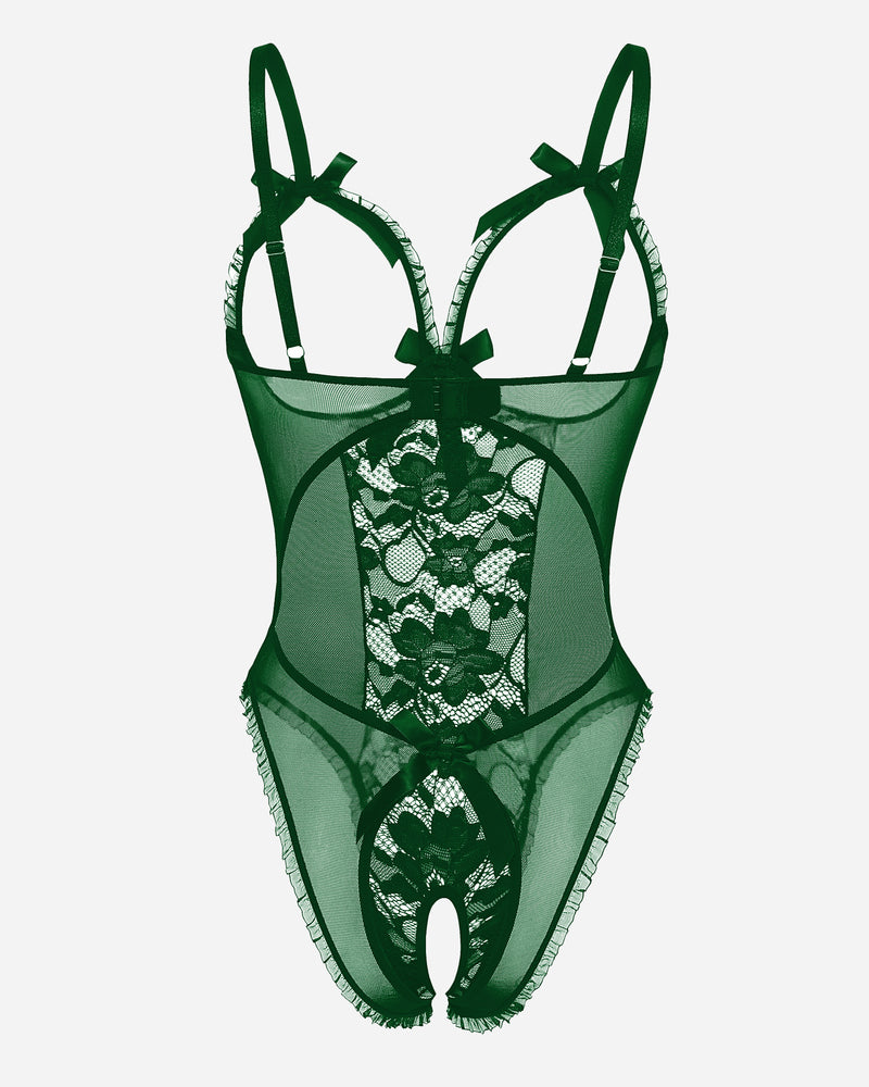 Dark green lace cut-out cup bodysuit with sheer cups and bow shoulder straps