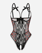 Black lace cut-out cup bodysuit with red-spotted sheer mesh panels and bow straps
