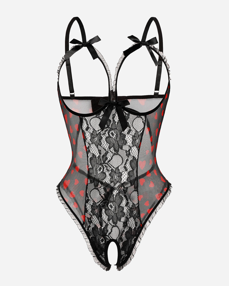 Black lace cut-out cup bodysuit with red-spotted sheer mesh panels and bow straps