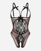 Lace cut-out cup bodysuit with black lace, red pattern, and bow straps
