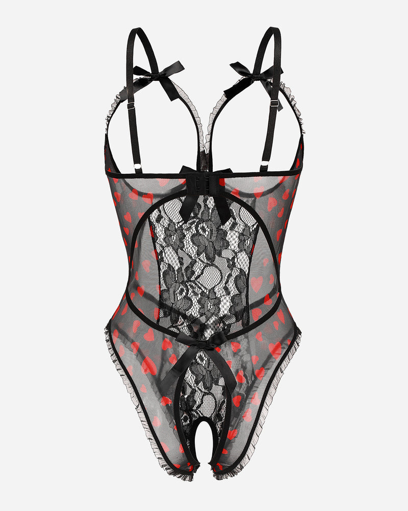 Lace cut-out cup bodysuit with black lace, red pattern, and bow straps