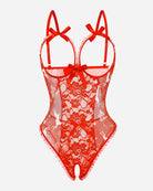 Red lace cut-out cup bodysuit with bow straps, sheer lace front, thong back