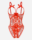 Red lace cut-out cup bodysuit with bow straps and sheer panels, thong back