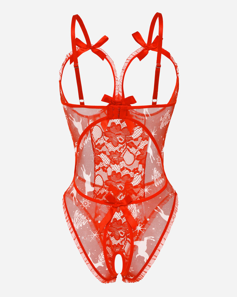 Red lace cut-out cup bodysuit with bow straps and sheer panels, thong back