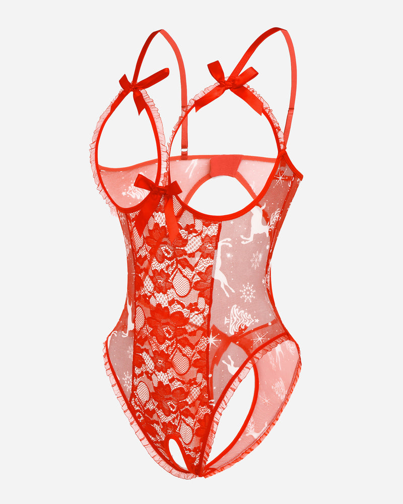 Coral-red lace cut-out cup bodysuit with bow straps, sheer sides, thong back