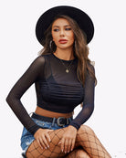 Black ruched sheer long-sleeve crop top, high crew neck