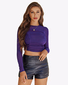 Purple ruched sheer long-sleeve crop top with crew neck