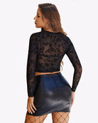 Ruched sheer Y2K crop top in black floral print, long sleeves, back view