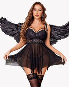 Black lace babydoll lingerie with underwire cups and strappy sheer skirt