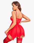 Red lace sleepwear dress with underwired cups, sheer babydoll skirt, and thigh straps
