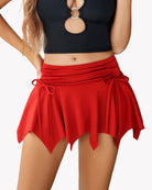 Red flowy mini skirt with ruched waistband and tie drawstrings, asymmetrical layered hem