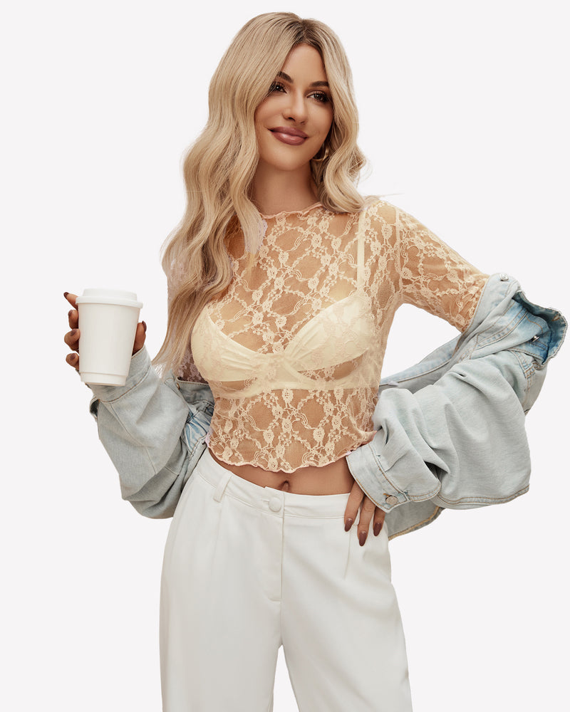 Beige sheer lace long-sleeve mesh top with high neck and cropped hem