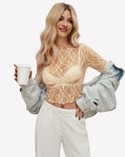 Beige sheer lace long-sleeve mesh top with high neck and cropped hem