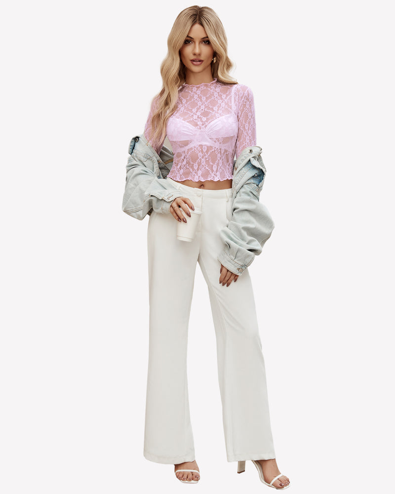 Sheer long-sleeve mesh top in light purple lace, chest bow detail and cropped length