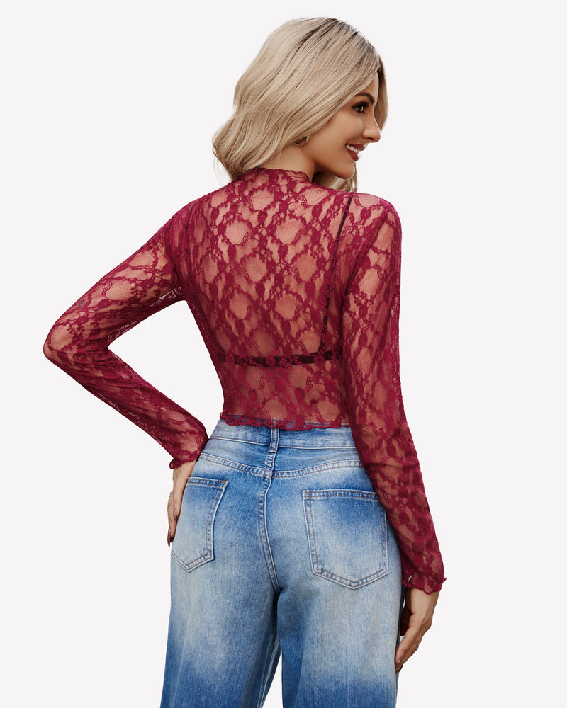Sheer long-sleeve mesh top in wine red lace, back view with sheer long sleeves