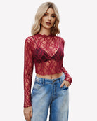 Sheer long-sleeve mesh top in wine red lace, high neckline and long sleeves