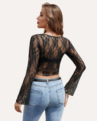 Black sheer floral lace long-sleeve crop top, back view with floral lace coverage