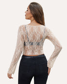 Ivory sheer floral lace long-sleeve crop top with round neckline