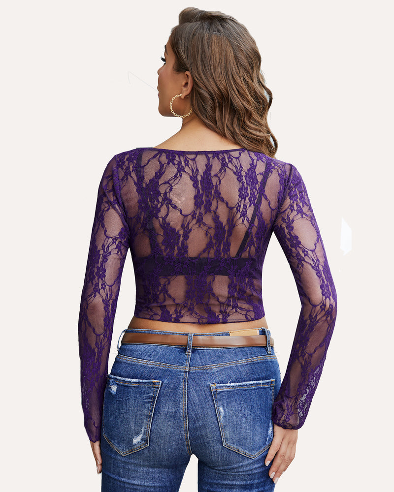 Purple sheer floral lace long-sleeve crop top with round neckline, back view