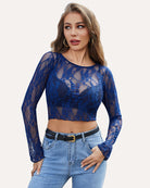 Blue sheer floral lace long-sleeve crop top with round neckline