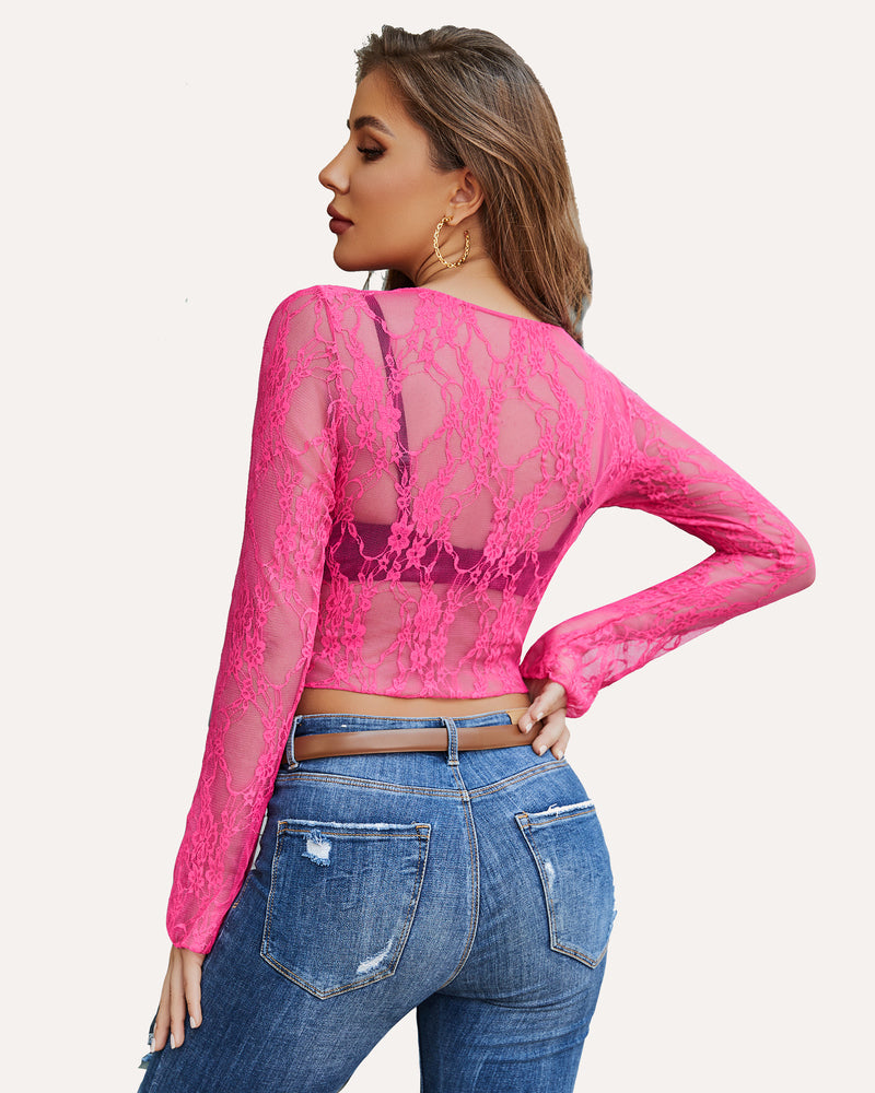 Pink sheer floral lace long-sleeve crop top with round neckline, back view