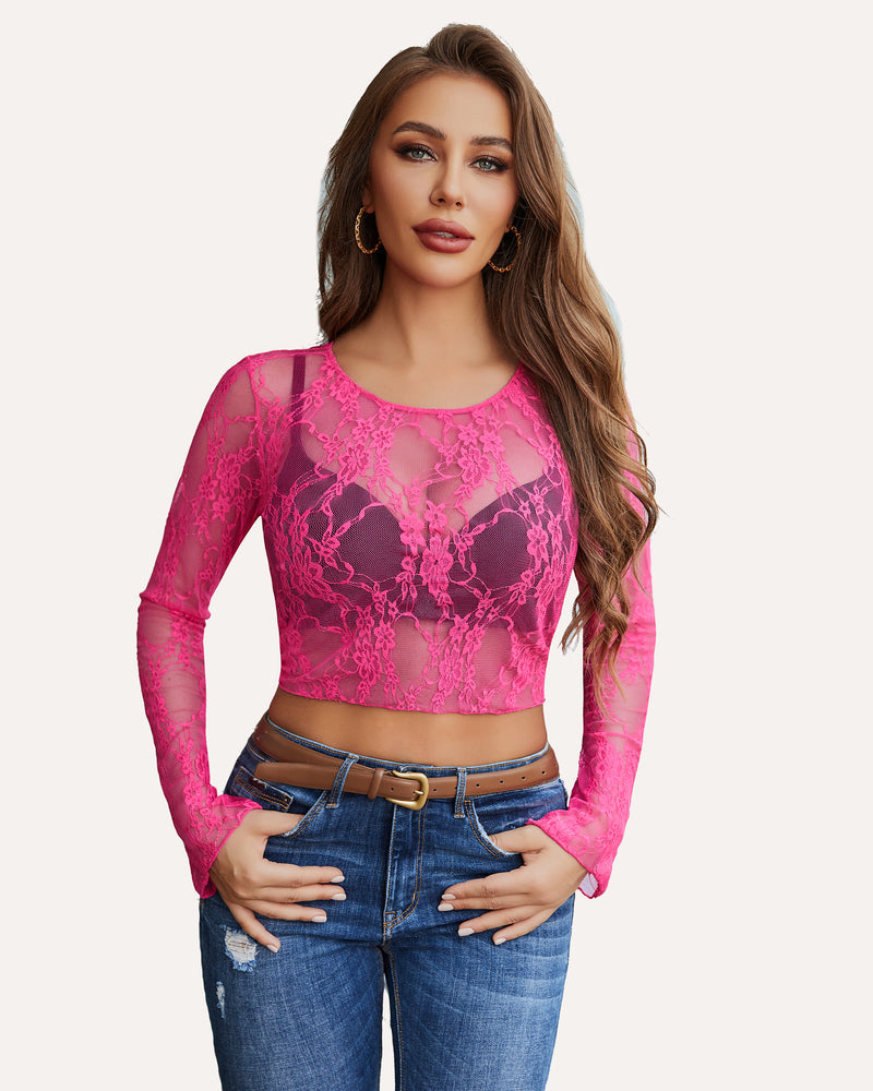 Hot pink sheer floral lace long-sleeve crop top with round neckline