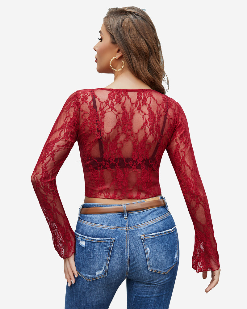Wine red sheer floral lace long-sleeve crop top, open back look