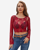 Wine red sheer floral lace long-sleeve crop top with wide round neckline