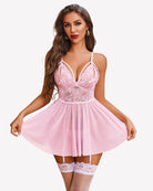 Light pink lace lingerie garter dress with plunging V-neck cups and flared tulle skirt