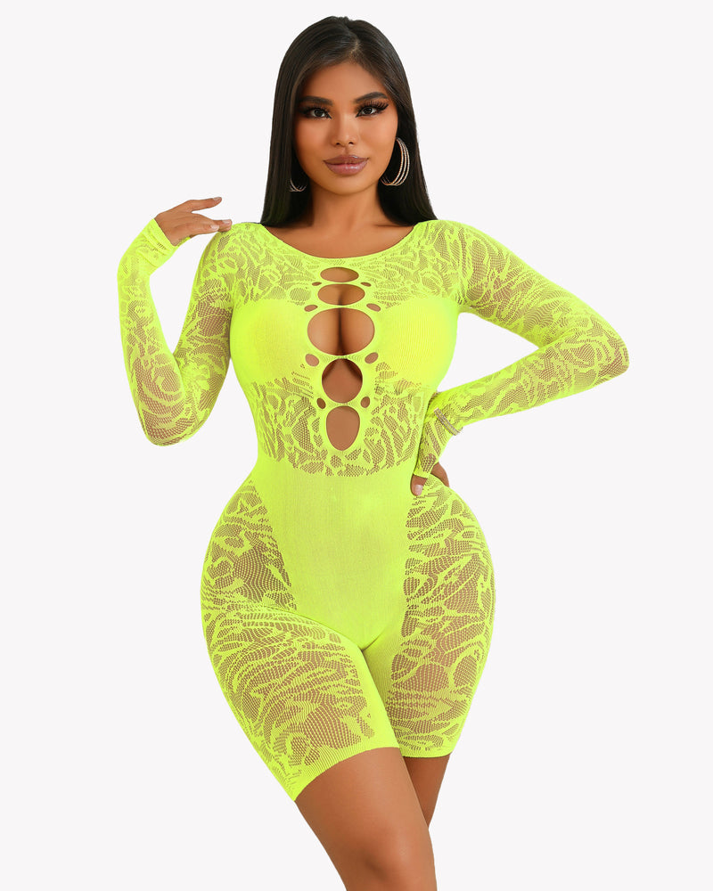 Neon green lace cut-out fishnet bodysuit dress with long sleeves and oval front cutouts