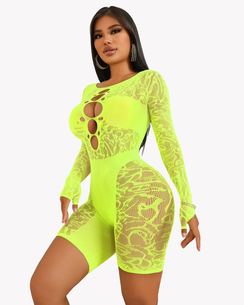 Neon green lace cut-out fishnet bodysuit dress with long sleeves and side oval cutout