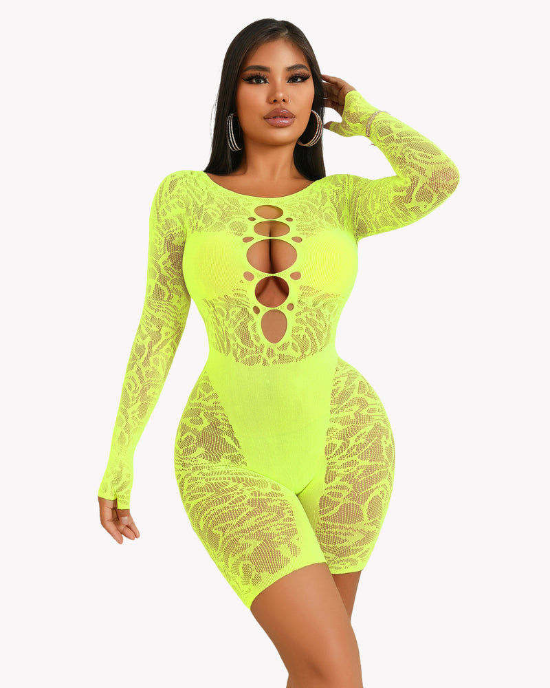 Neon green lace cut-out fishnet bodysuit dress with long sleeves and vertical oval cutouts