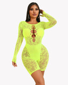 Neon green lace cut-out fishnet bodysuit dress with long sleeves and vertical oval cutouts