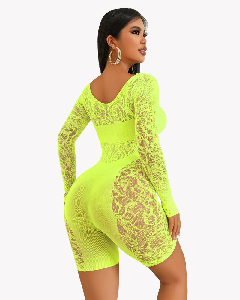 Neon green lace cut-out fishnet bodysuit dress, back view with scoop back and long sleeves