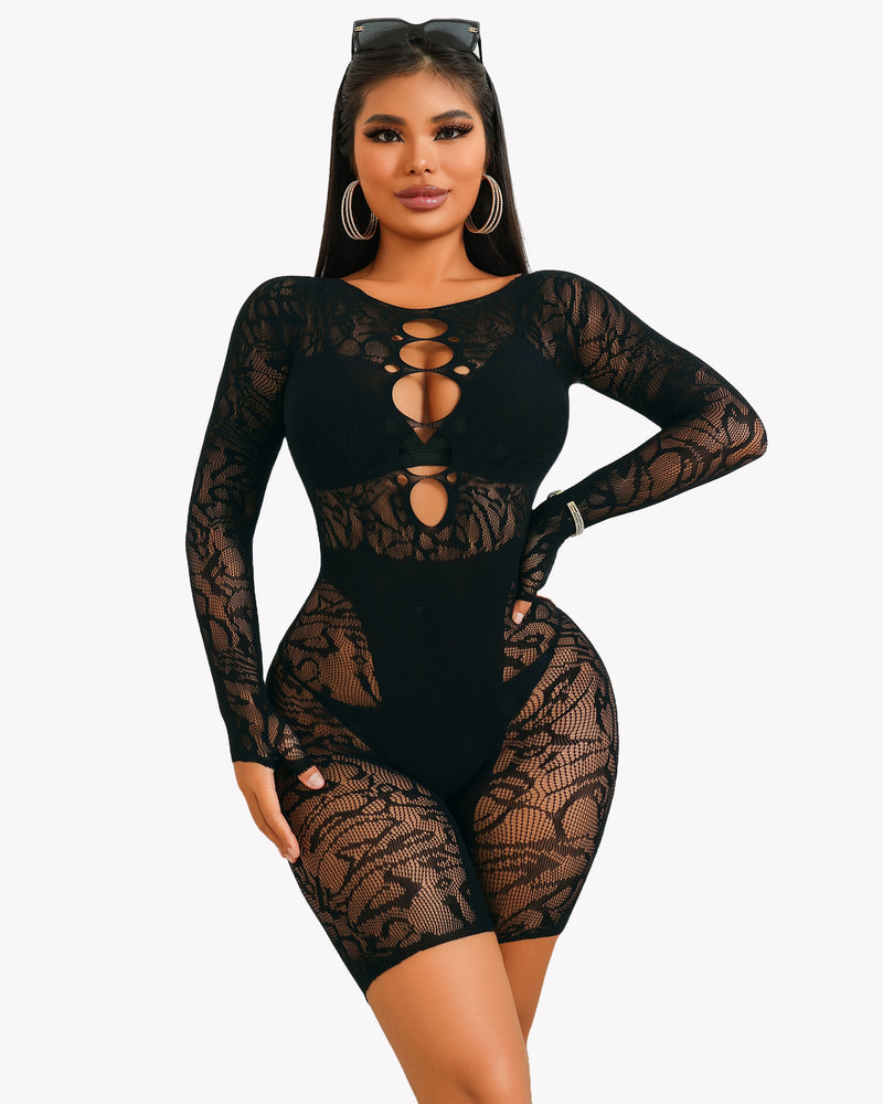 Black lace cut-out fishnet bodysuit dress with long sleeves and oval front cutouts