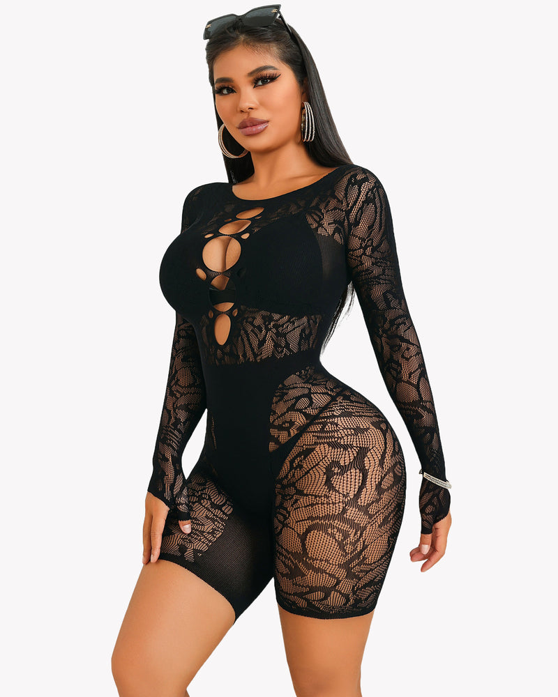 Black lace cut-out fishnet teddy bodysuit with long sleeves and front oval cutouts