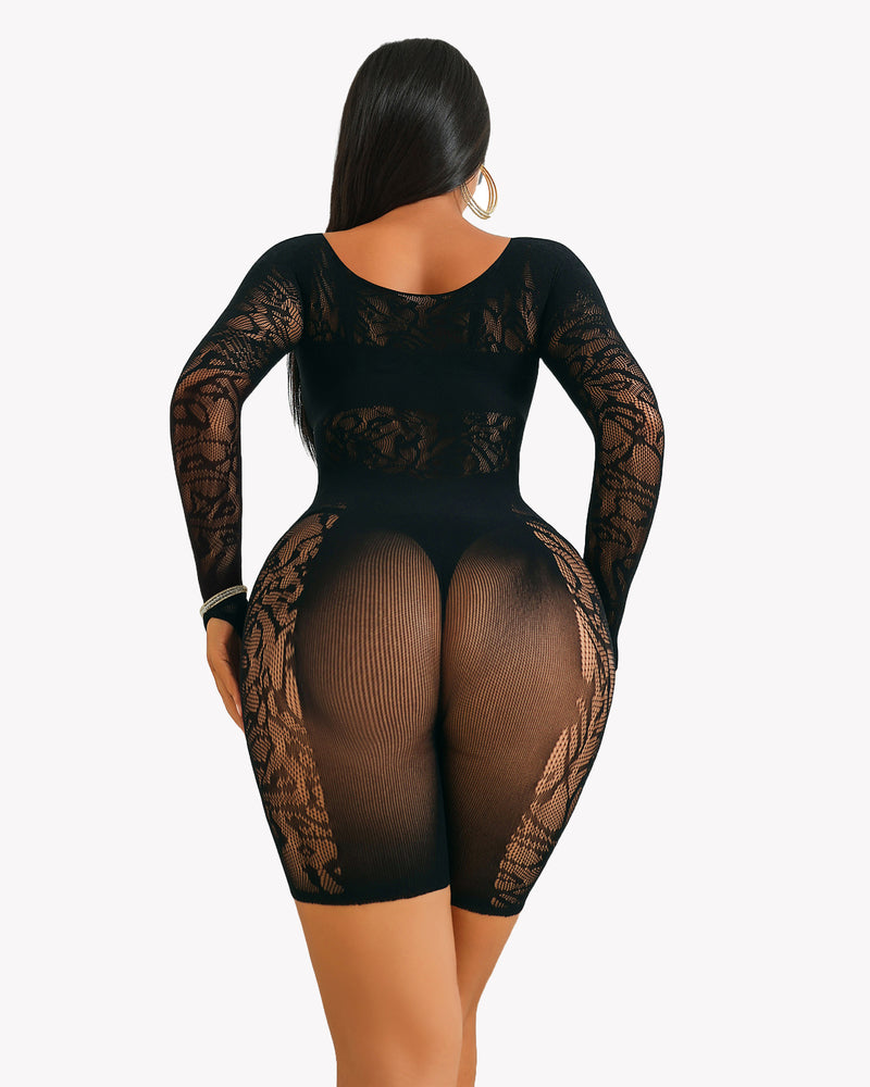 Black lace cut-out fishnet bodysuit dress, back view with oval cutouts and long sleeves